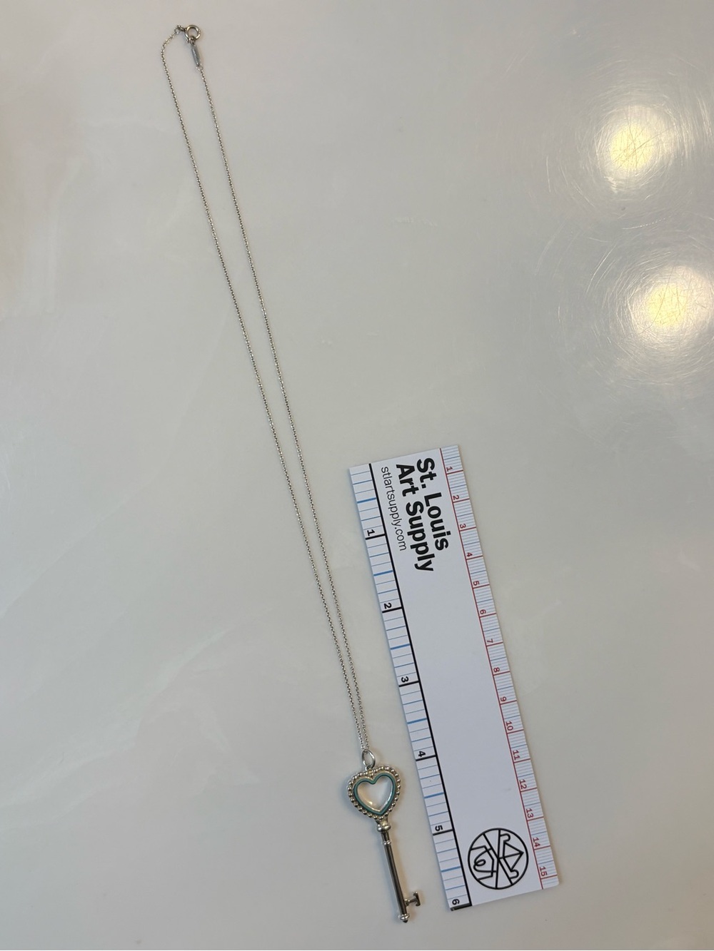 Tiffany & Co. enamel and sterling silver heart key pendant necklace with chain - Picture 5 of 9